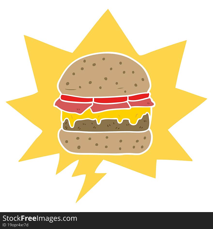 cartoon stacked burger and speech bubble in retro style