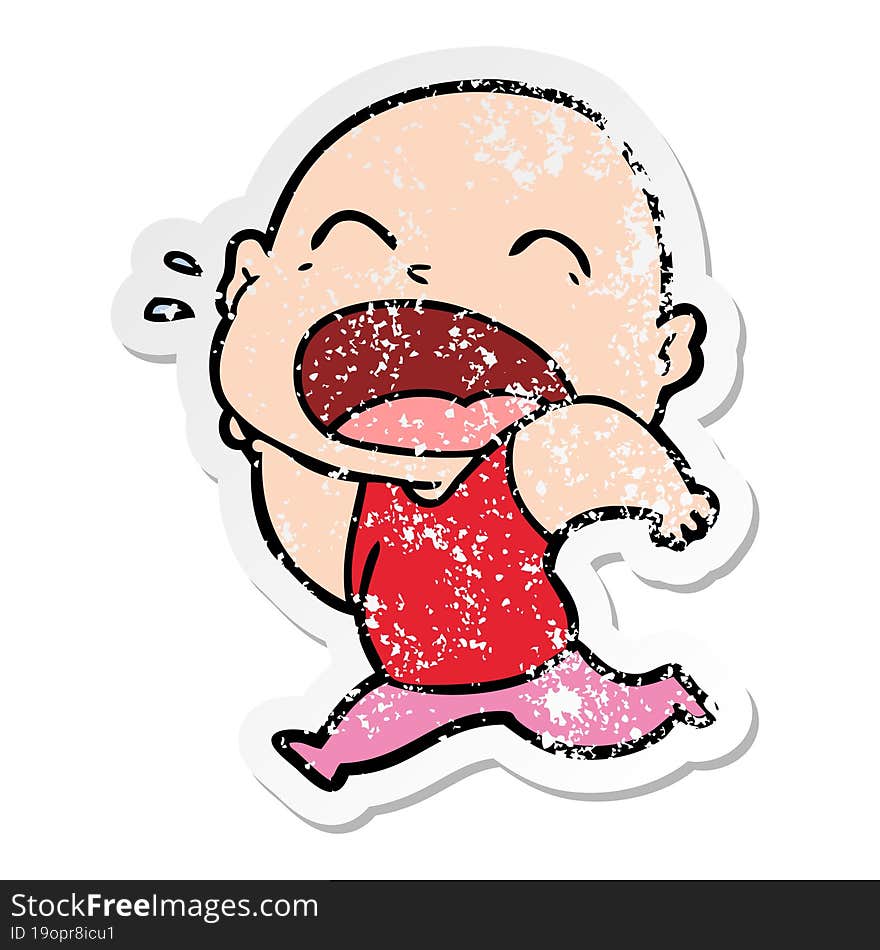 distressed sticker of a cartoon shouting bald man