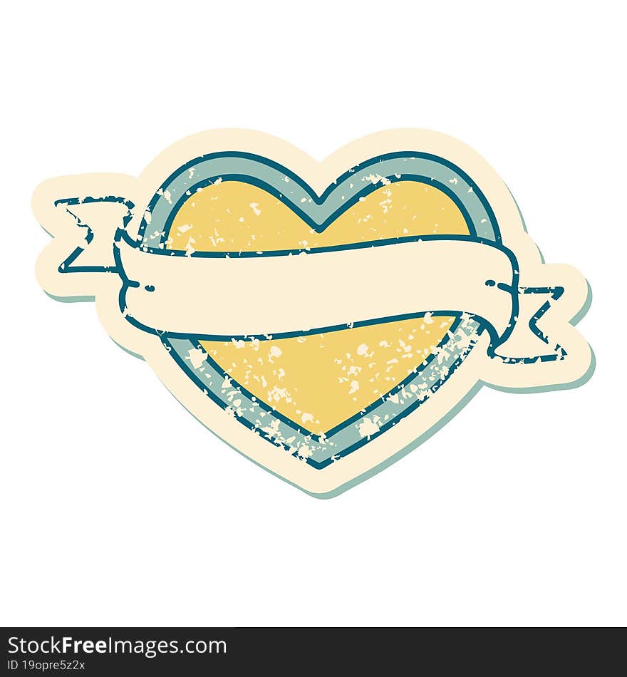 Distressed Sticker Tattoo Style Icon Of A Heart And Banner