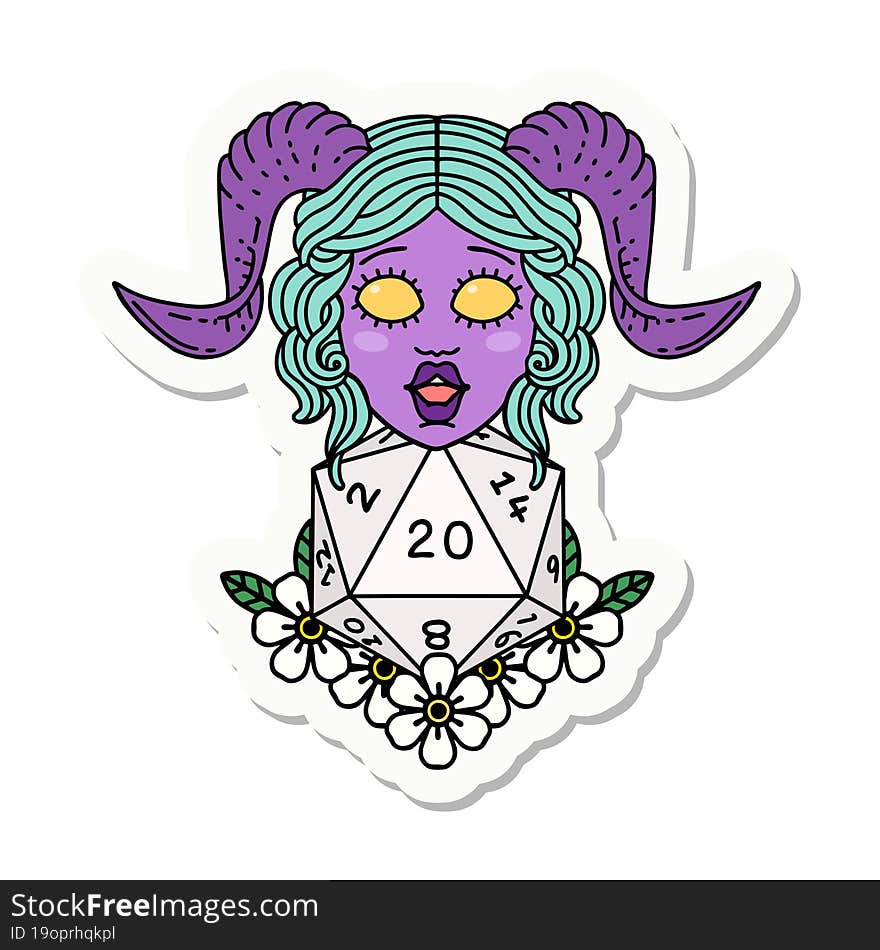 sticker of a tiefling with natural twenty dice roll. sticker of a tiefling with natural twenty dice roll