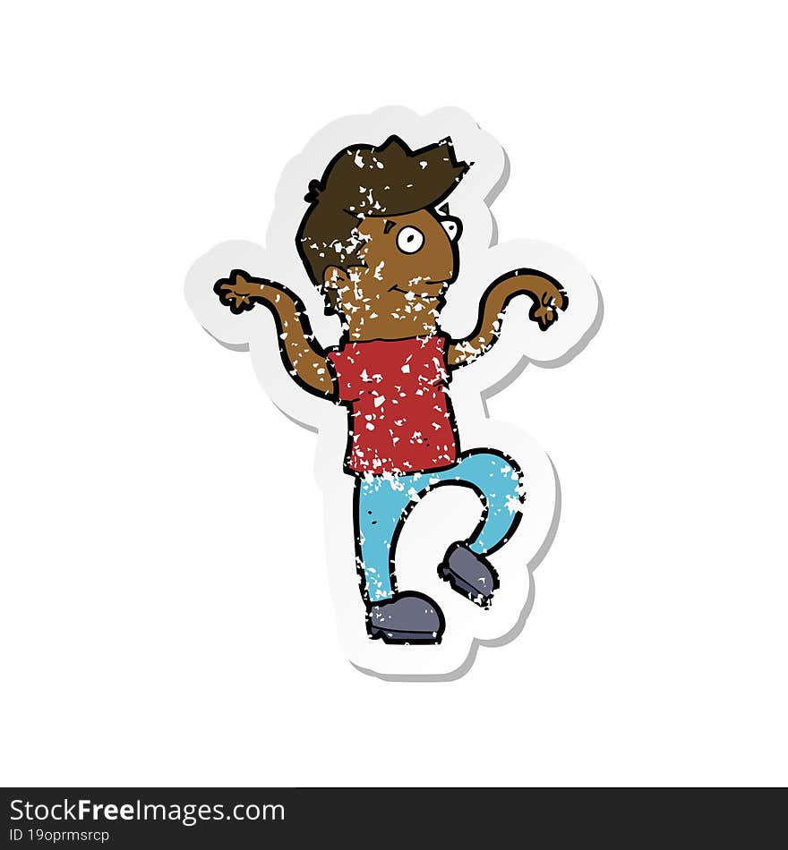 retro distressed sticker of a cartoon happy man doing funny dance