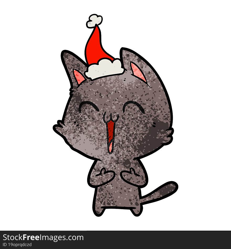 happy textured cartoon of a cat wearing santa hat