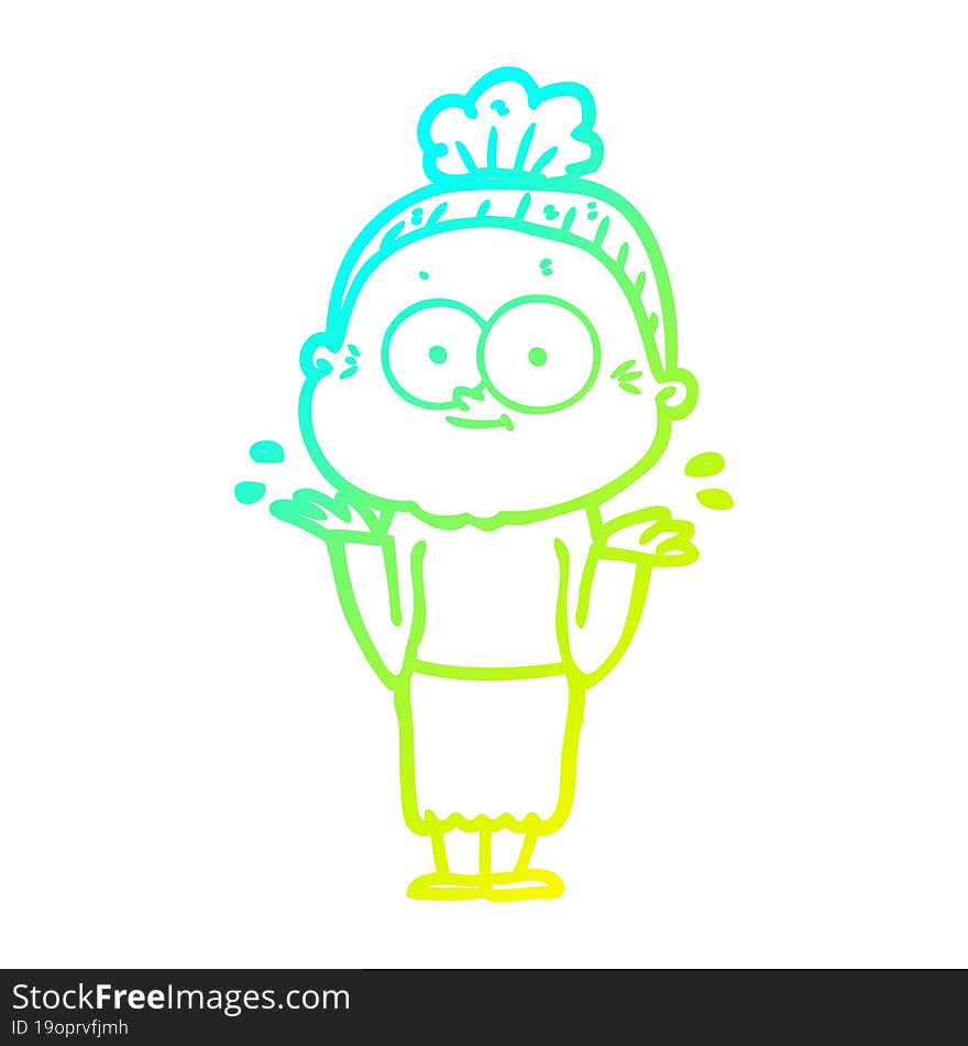 cold gradient line drawing cartoon happy old woman