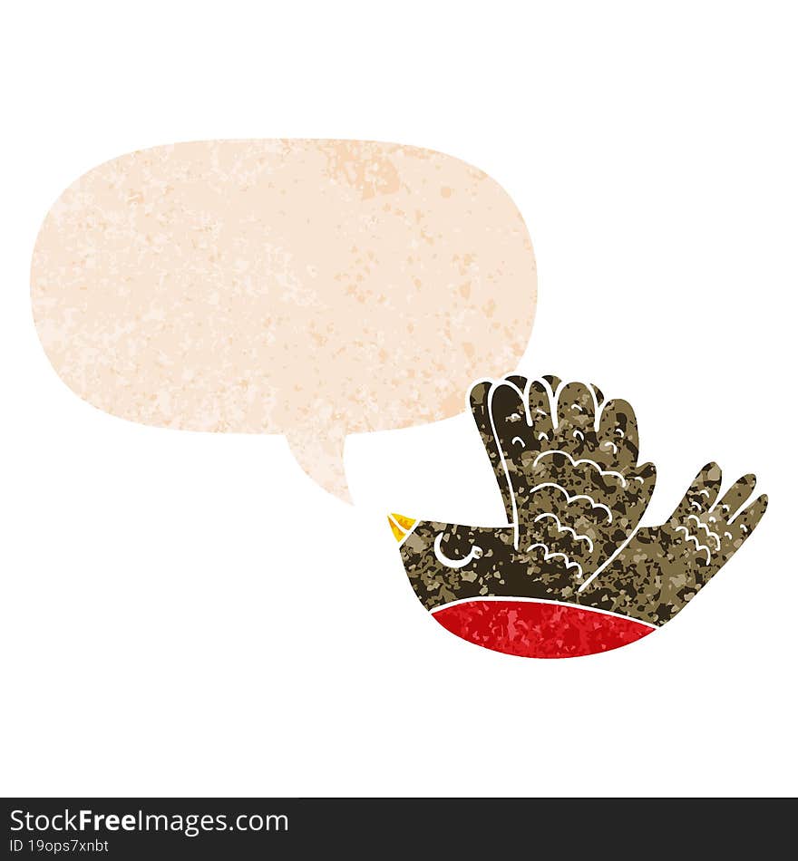 cartoon flying bird and speech bubble in retro textured style