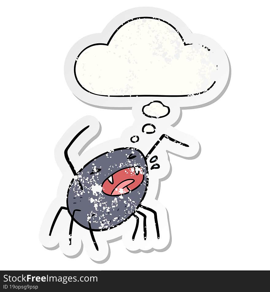 cartoon spider and thought bubble as a distressed worn sticker