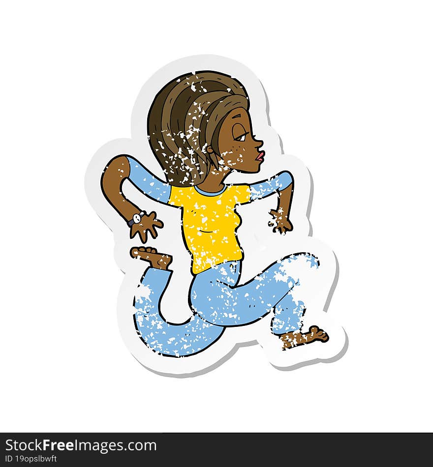 retro distressed sticker of a cartoon woman running