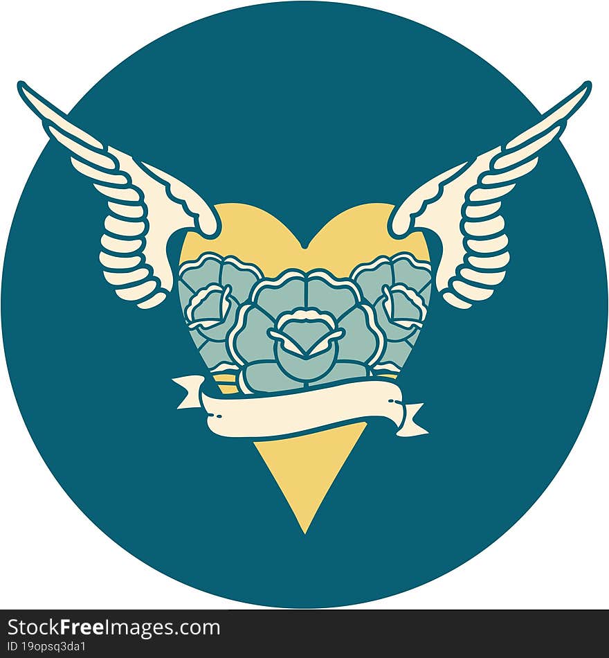 tattoo style icon of a heart with wings and banner