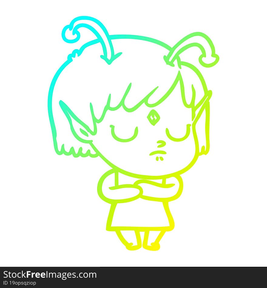 cold gradient line drawing of a cartoon alien girl