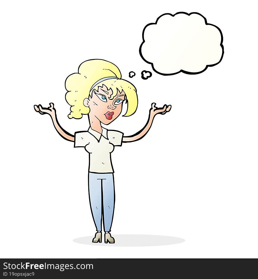 cartoon woman raising hands in air with thought bubble