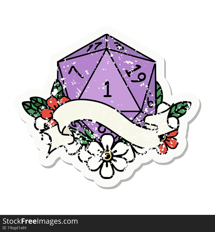 natural one d20 dice roll grunge sticker