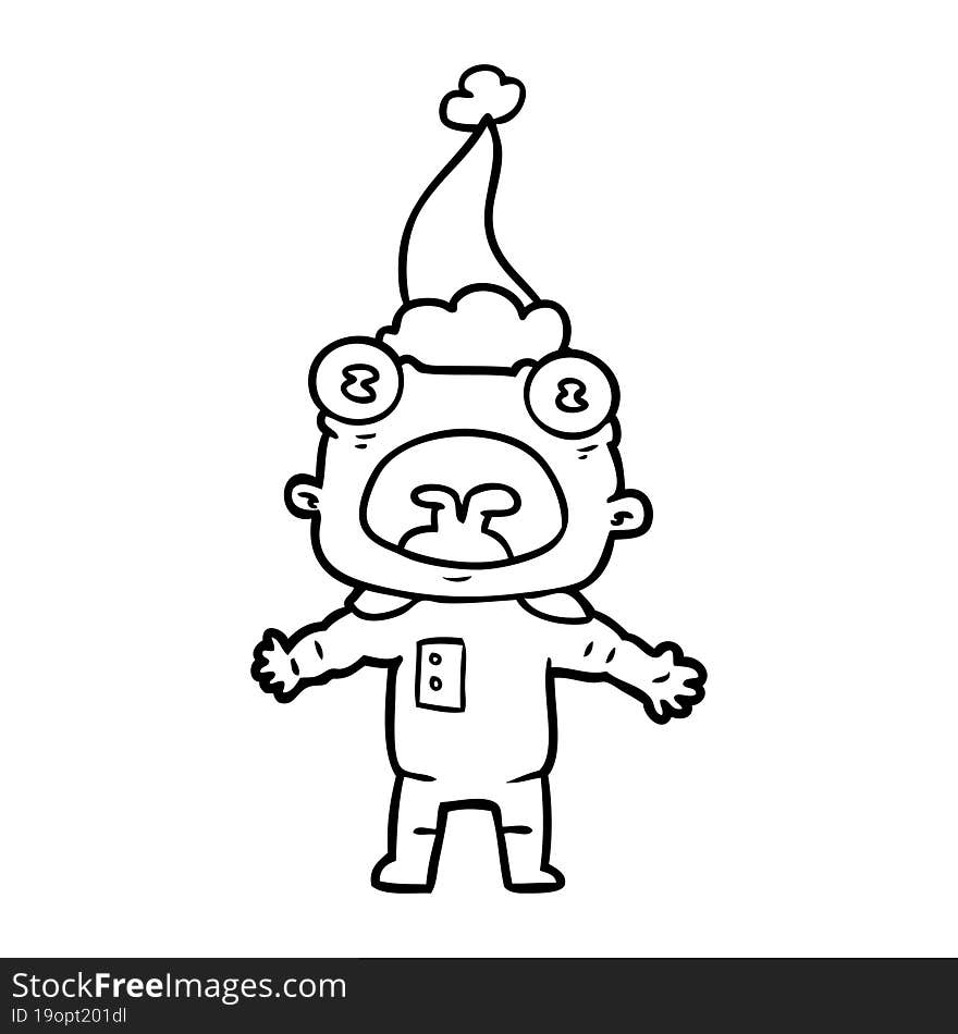 hand drawn line drawing of a weird alien communicating wearing santa hat