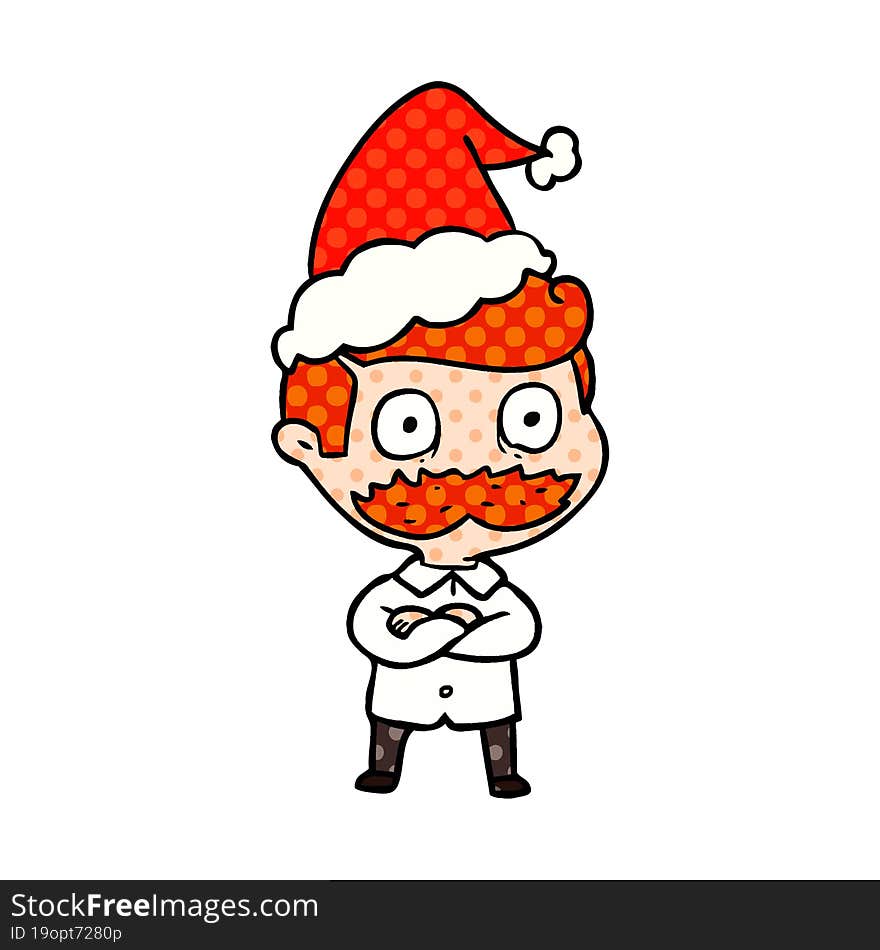 comic book style illustration of a man with mustache shocked wearing santa hat