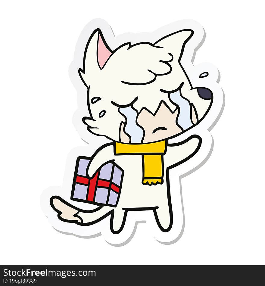 Sticker Of A Crying Christmas Fox Cartoon