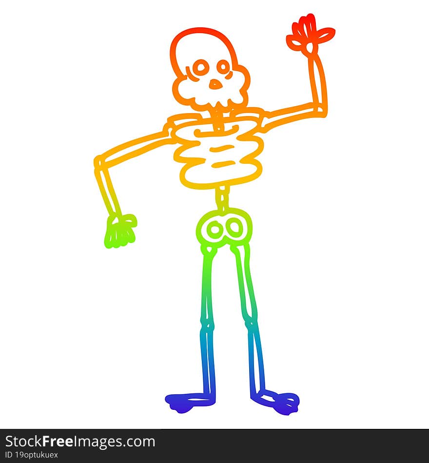 rainbow gradient line drawing of a cartoon skeleton