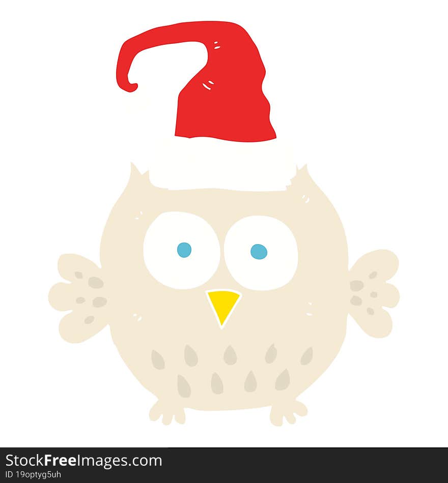 flat color illustration of owl wearing christmas hat. flat color illustration of owl wearing christmas hat