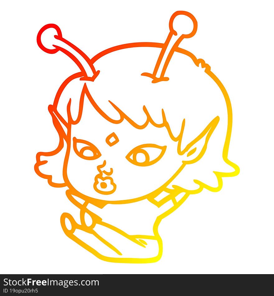 warm gradient line drawing pretty cartoon alien girl sitting