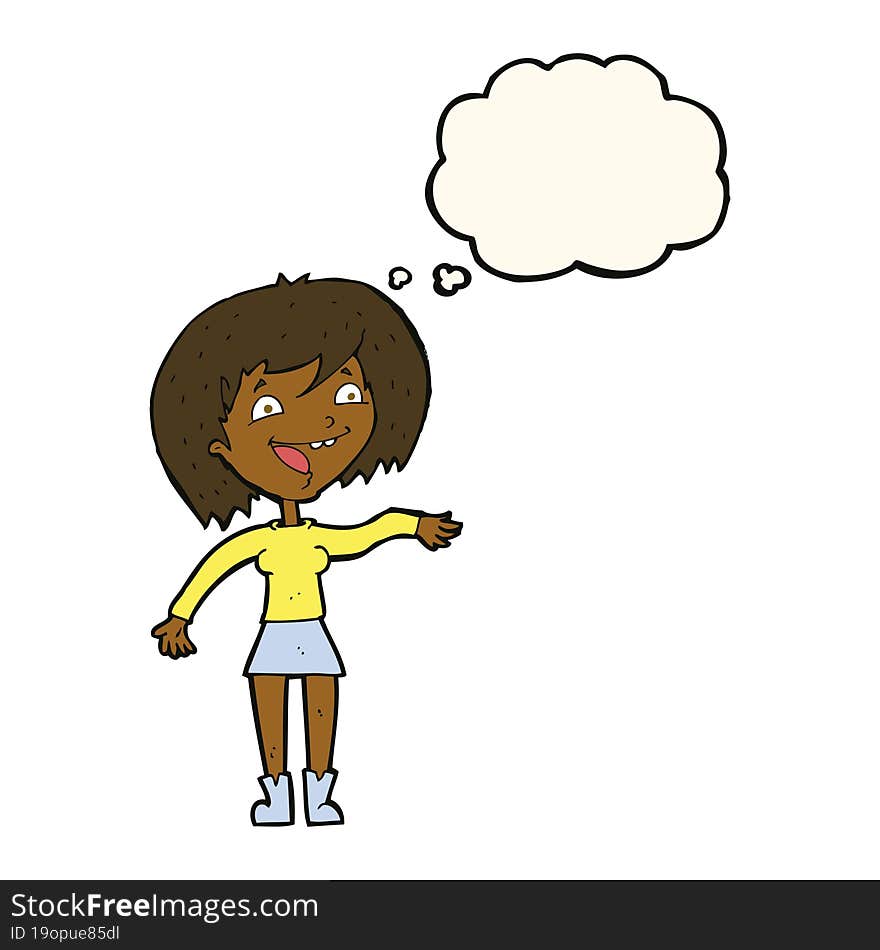 cartoon waving woman with thought bubble