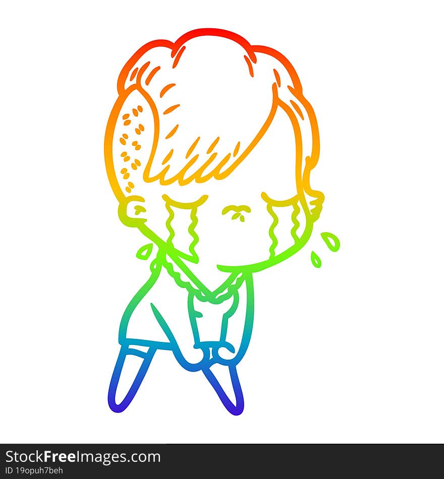 rainbow gradient line drawing of a cartoon crying girl