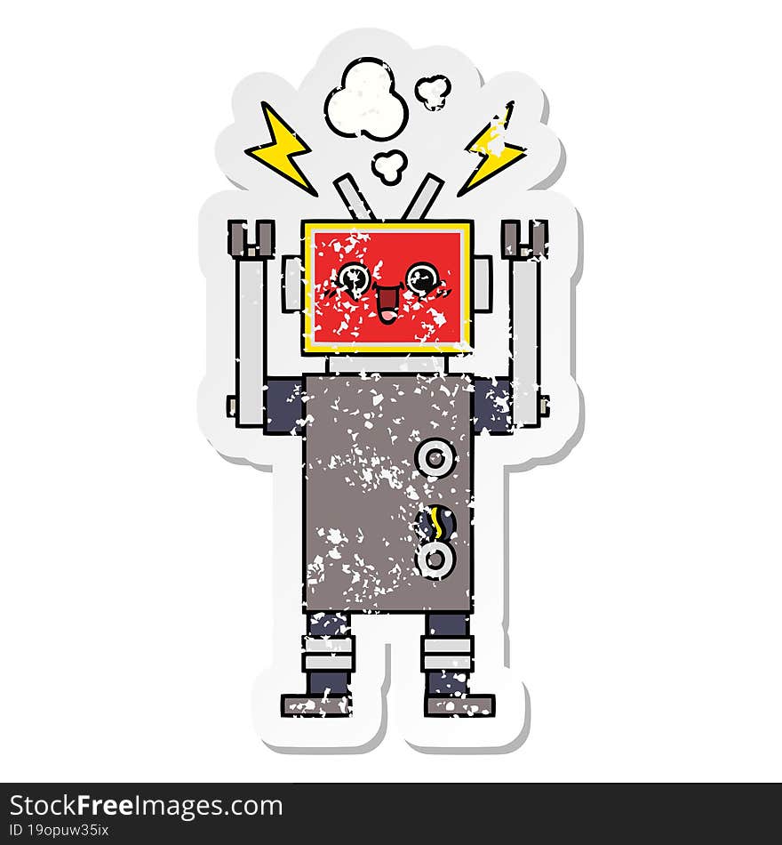 Distressed Sticker Of A Cute Cartoon Happy Robot