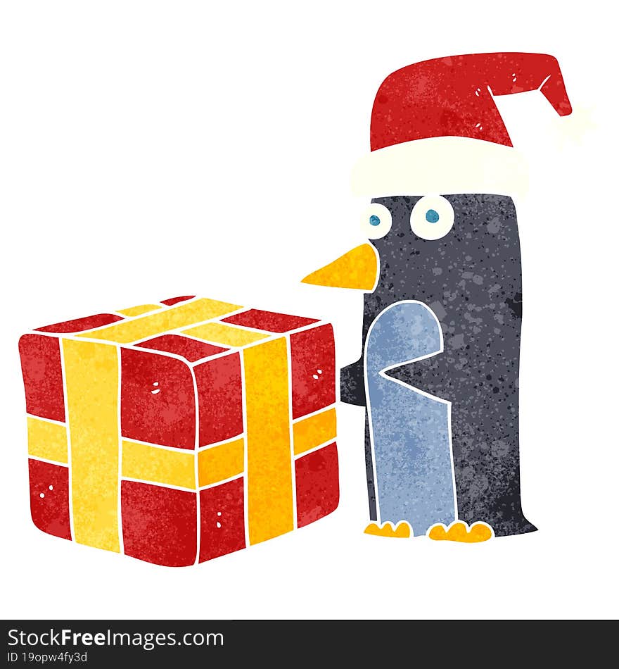 Retro Cartoon Christmas Penguin With Present