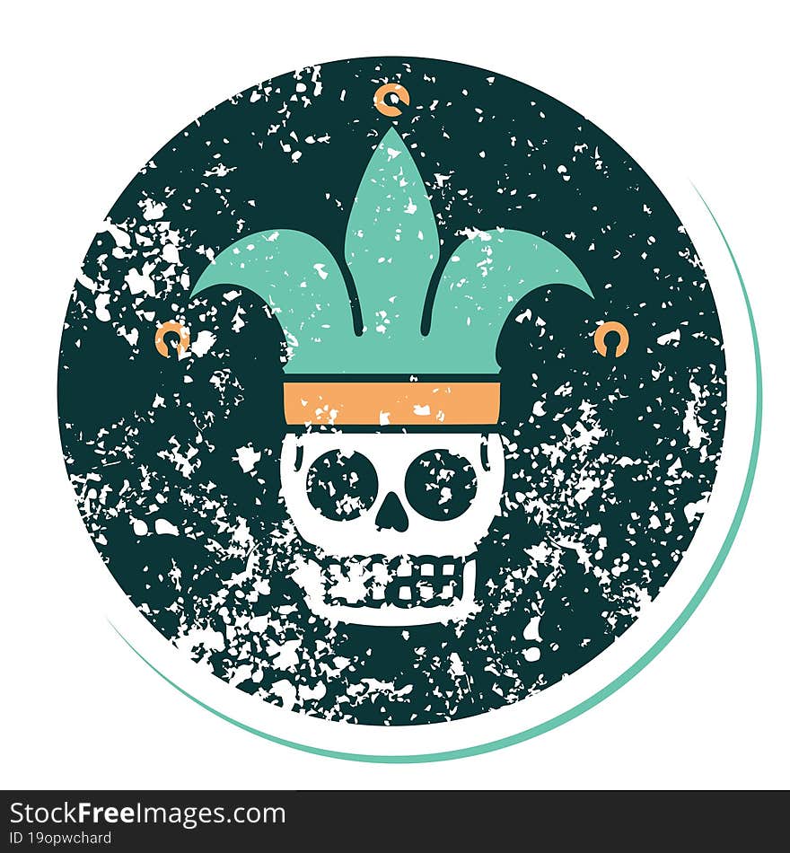 distressed sticker tattoo style icon of a skull jester