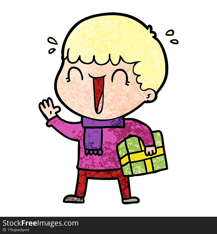 laughing cartoon man with present. laughing cartoon man with present