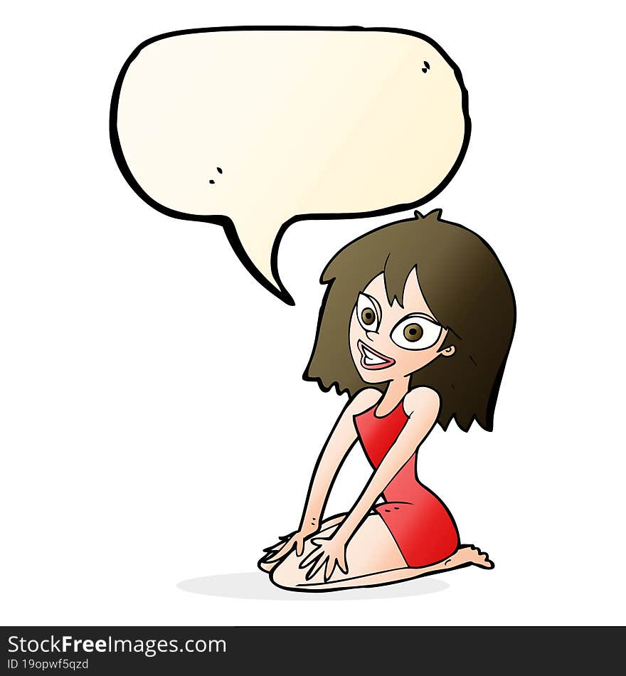 cartoon happy woman in dress with speech bubble