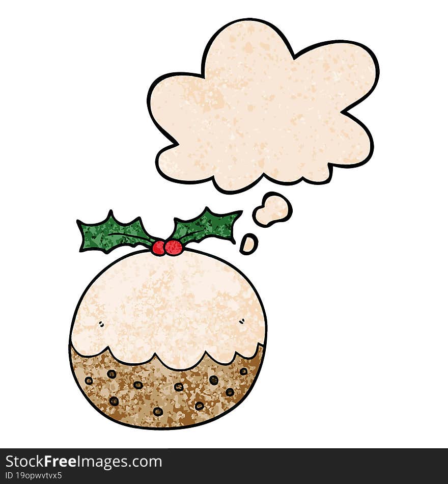 cartoon christmas pudding and thought bubble in grunge texture pattern style