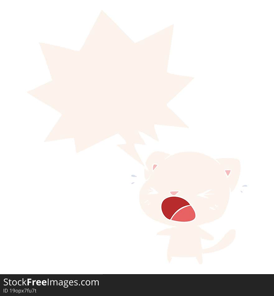 cute cartoon cat crying with speech bubble in retro style