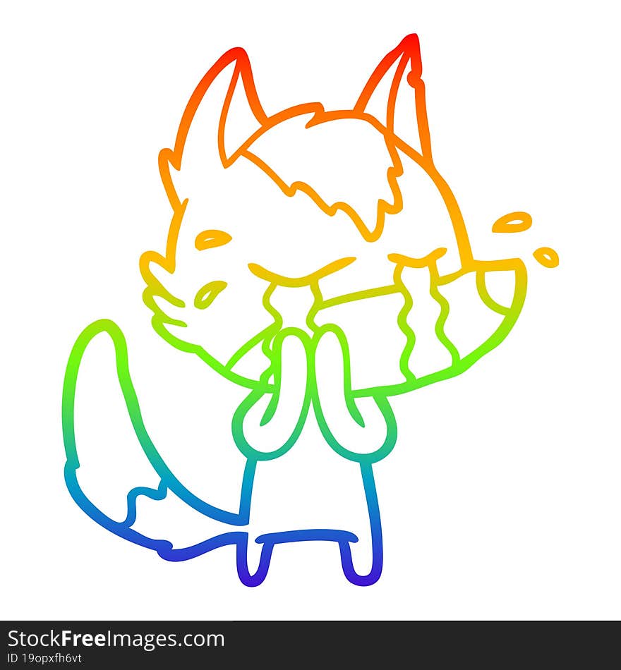 rainbow gradient line drawing of a cartoon crying wolf