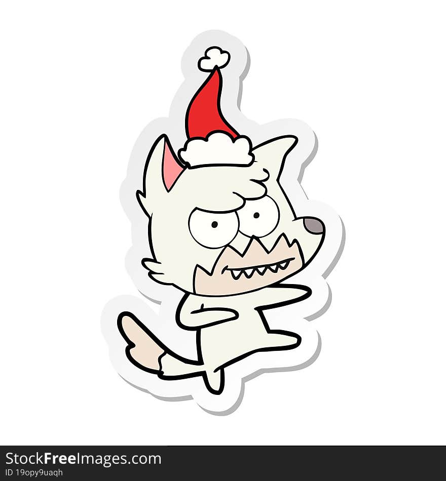 Sticker Cartoon Of A Grinning Fox Wearing Santa Hat