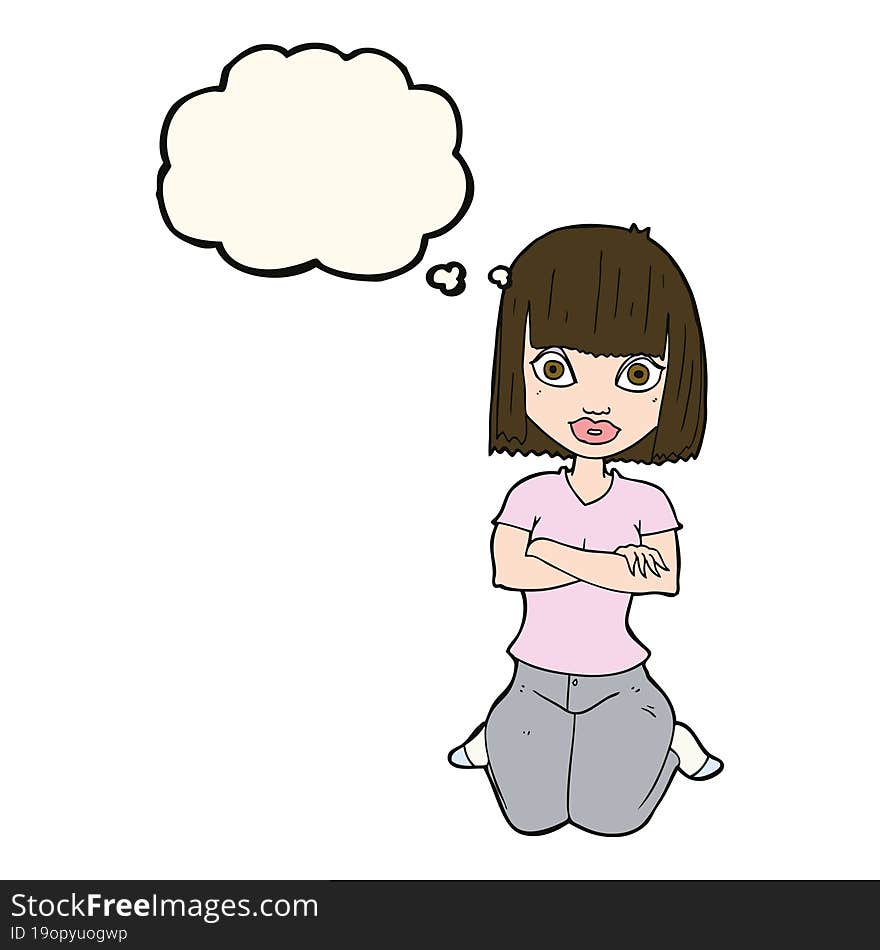 Cartoon Woman Kneeling With Thought Bubble