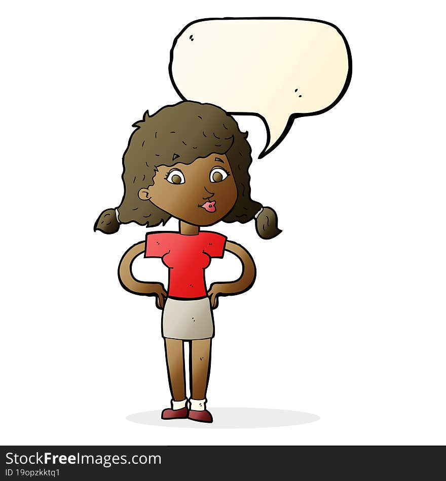 cartoon pretty girl with hands on hips with speech bubble