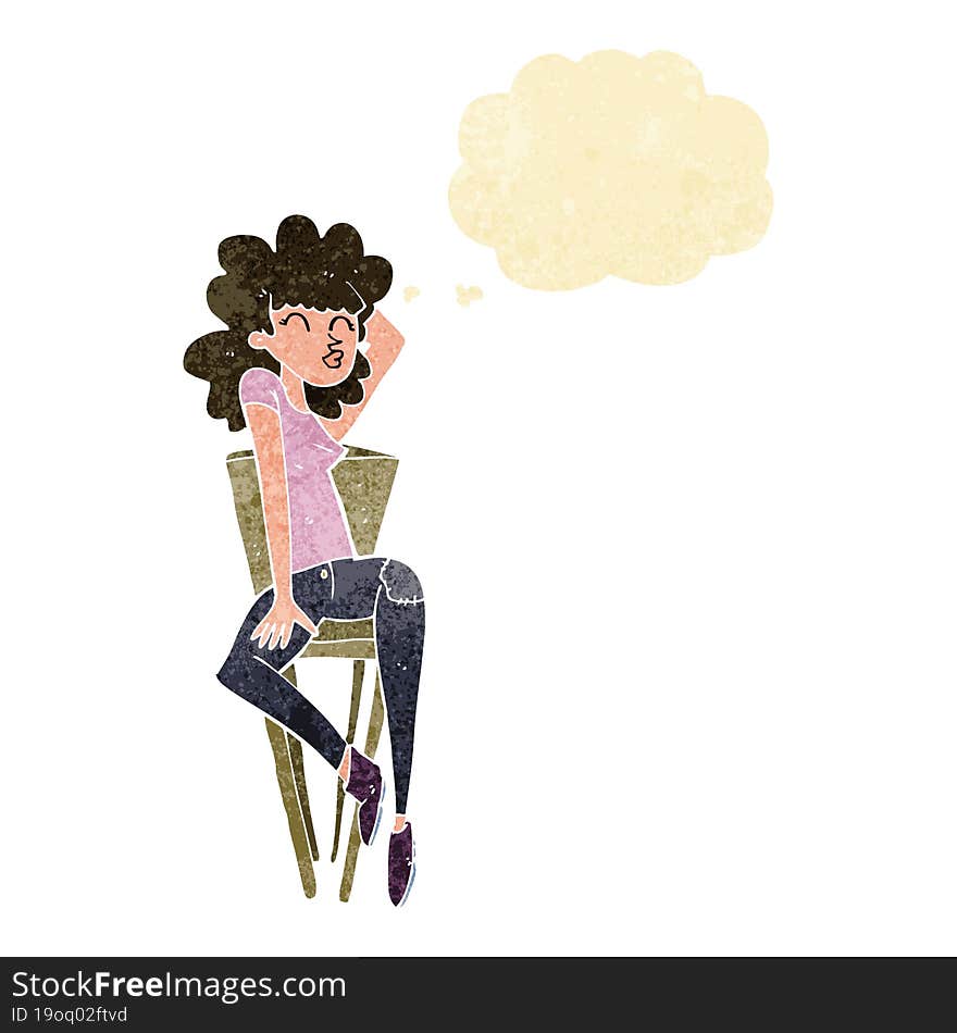 cartoon woman posing on chair with thought bubble