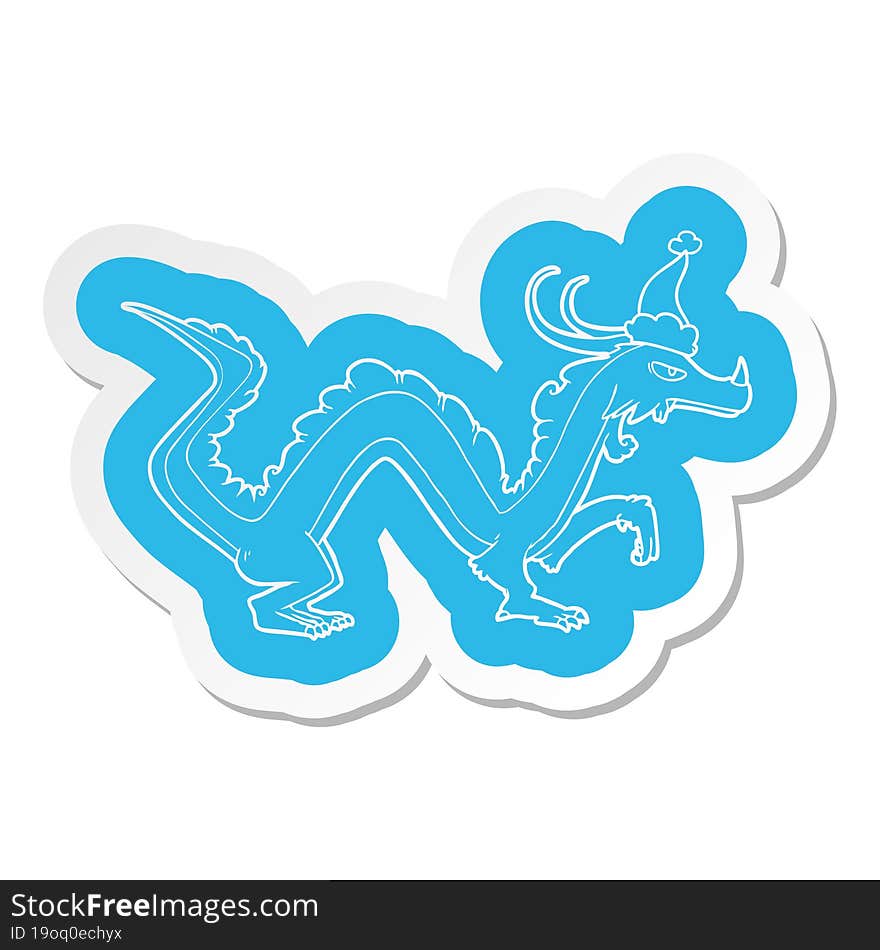 quirky cartoon  sticker of a dragon wearing santa hat