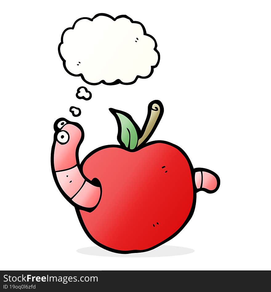 cartoon worm in apple with thought bubble