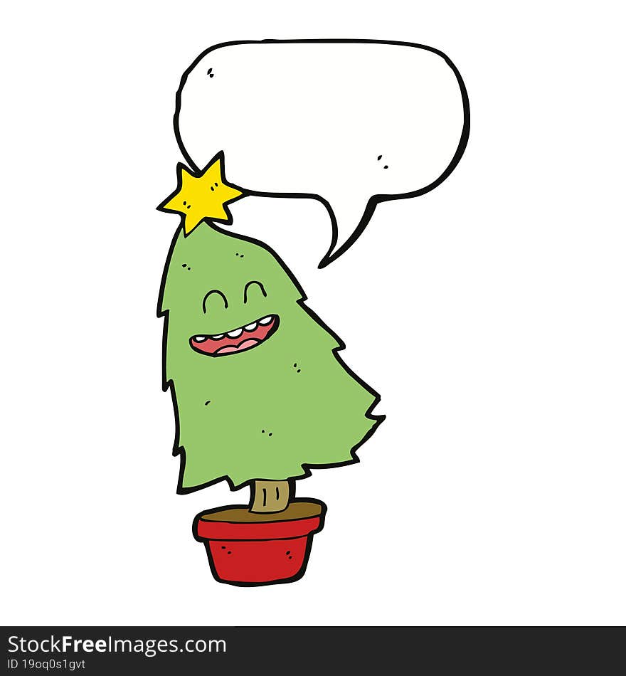 cartoon dancing christmas tree with speech bubble