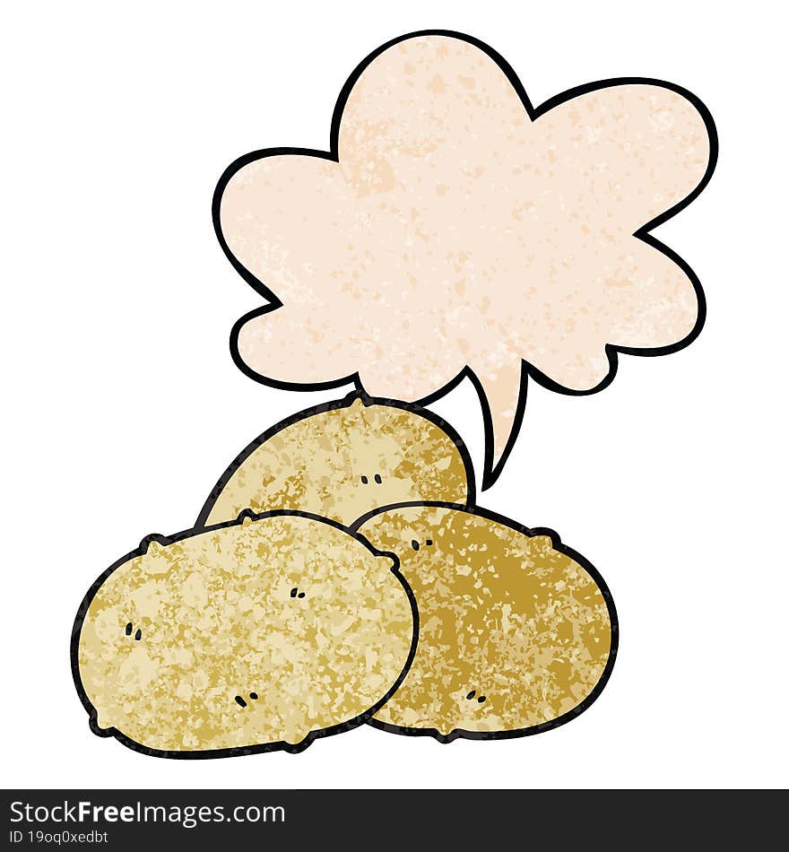 cartoon potatoes with speech bubble in retro texture style