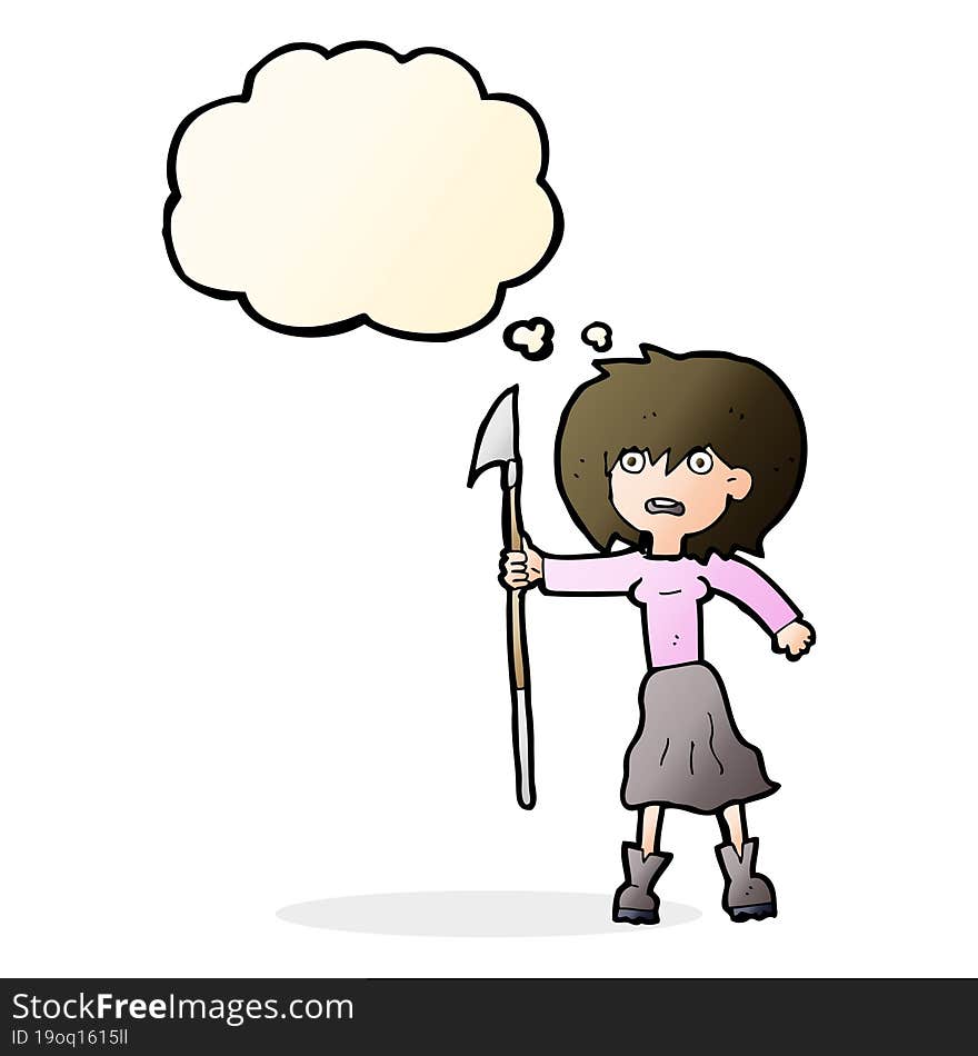 cartoon woman with harpoon with thought bubble