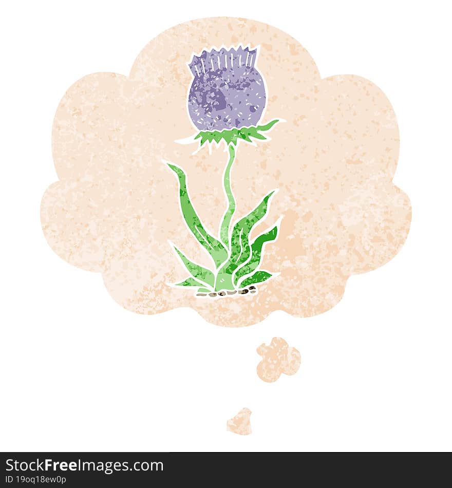 cartoon wild flower and thought bubble in retro textured style