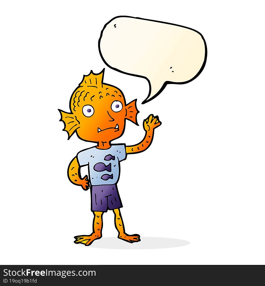 Cartoon Waving Fish Boy With Speech Bubble