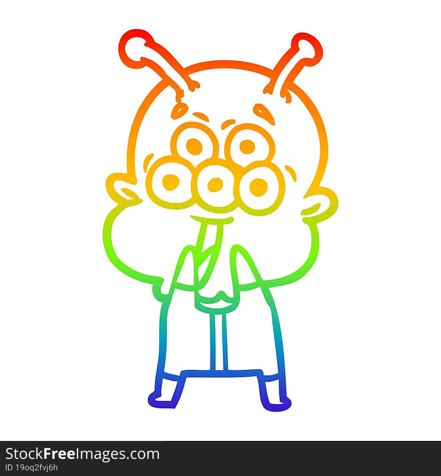 rainbow gradient line drawing happy cartoon alien gasping in surprise