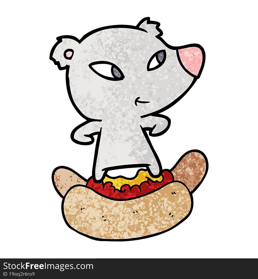 cute cartoon bear riding huge hotdog. cute cartoon bear riding huge hotdog