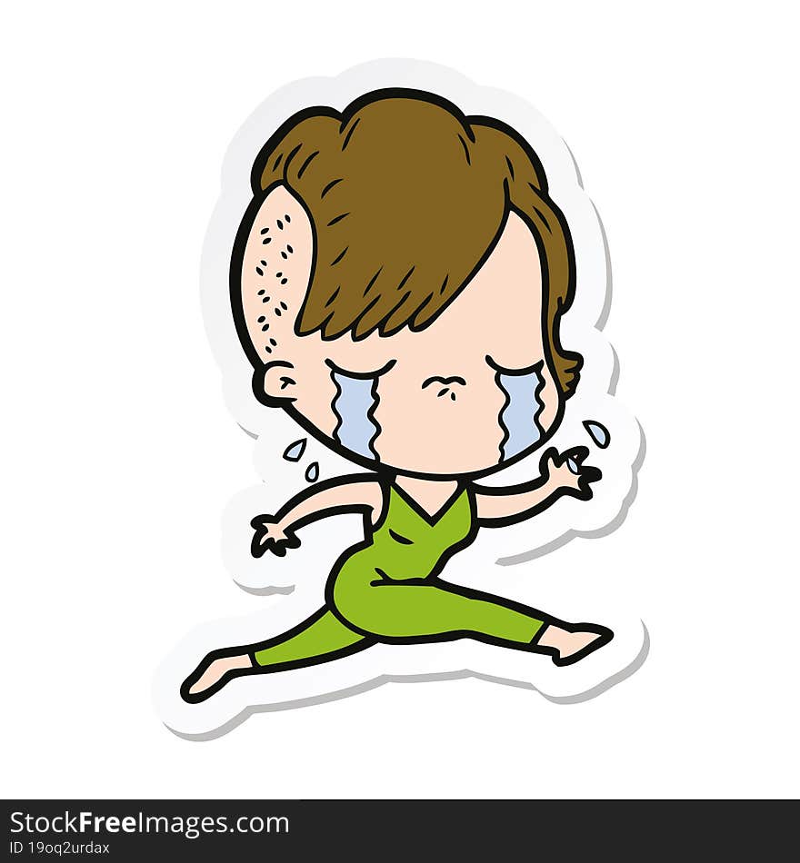 sticker of a cartoon crying girl running