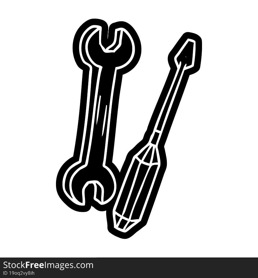 cartoon icon drawing of a spanner and a screwdriver