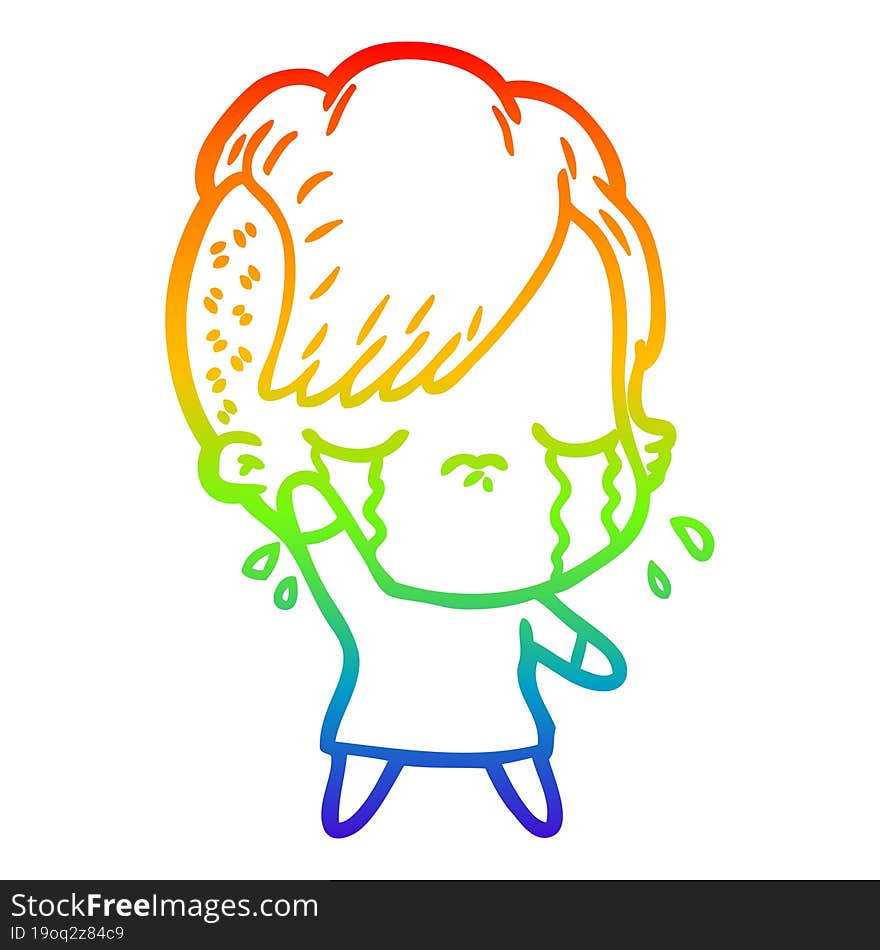 rainbow gradient line drawing cartoon crying girl waving