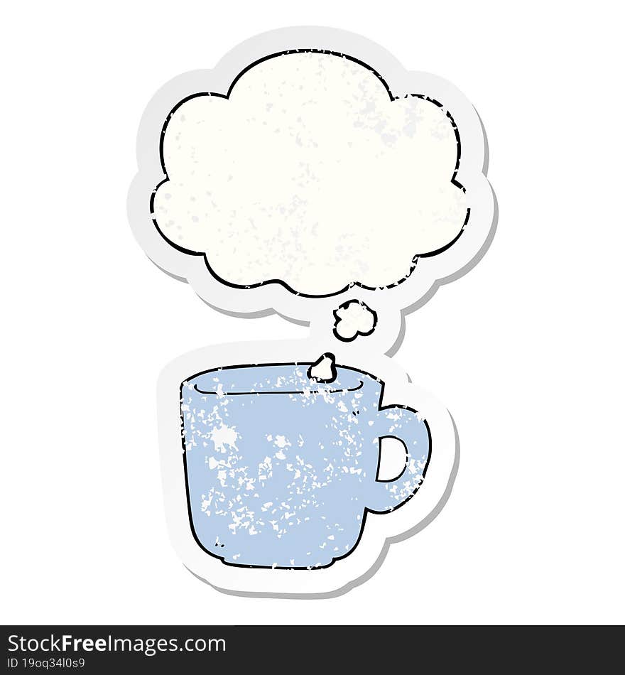 cartoon coffee cup and thought bubble as a distressed worn sticker