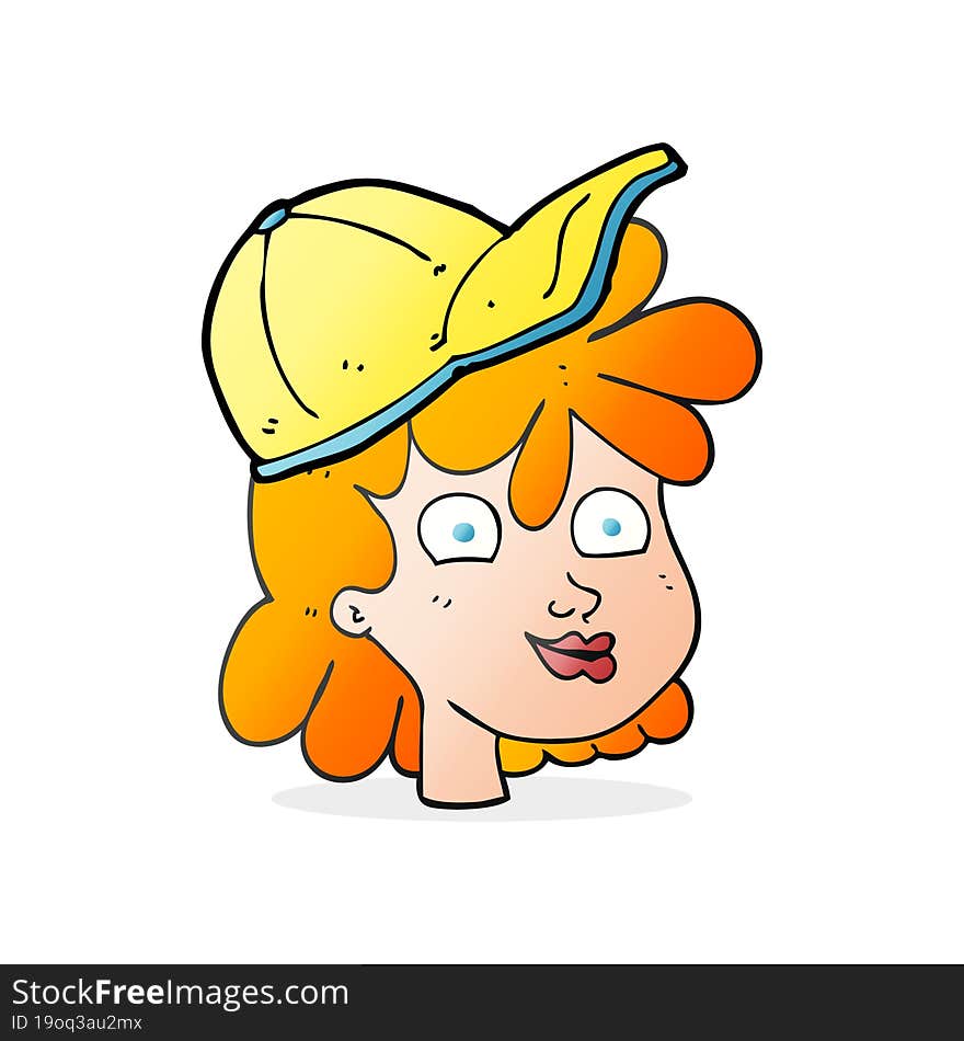 freehand drawn cartoon woman wearing cap. freehand drawn cartoon woman wearing cap