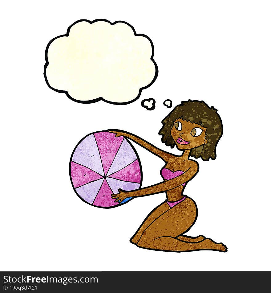 cartoon bikini girl with beach ball with thought bubble