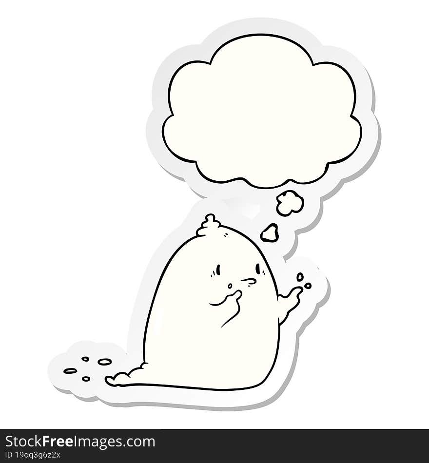 cartoon spooky ghost with thought bubble as a printed sticker